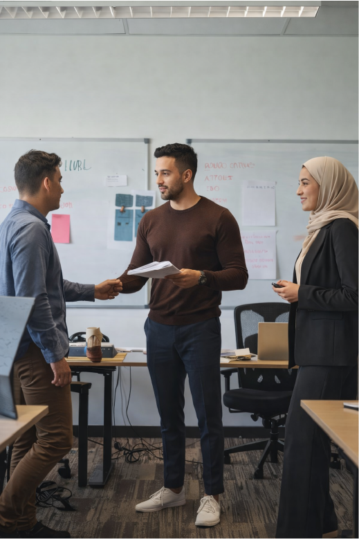 Consultants d’Evotrust échangeant avec des candidats lors d’un processus de recrutement par cooptation