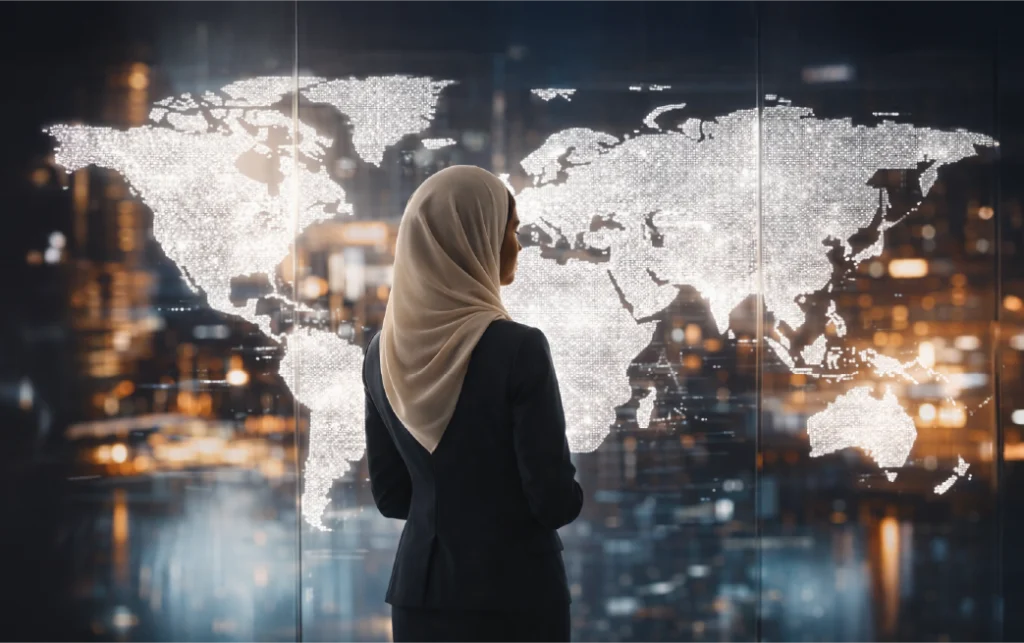 Professionnelle observant une carte du monde lumineuse, illustrant le réseau international d’Evotrust